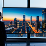 A diverse group of professional real estate analysts, fully clothed in modern business suits, collaborating around a large, interactive transparent screen. The screen displays dynamic, glowing 3D data visualizations of market trends, AI-driven predictions, and complex property metrics. The setting is a sleek, high-tech, minimalist office interior with large windows showcasing a vibrant city skyline at dusk. Professional photography, cinematic lighting, ultra-detailed, sharp focus, 8K. Perfect anatomy, correct proportions, natural pose, well-formed hands, proper finger count, natural body proportions. Safe for work, appropriate content, fully clothed, professional dress.